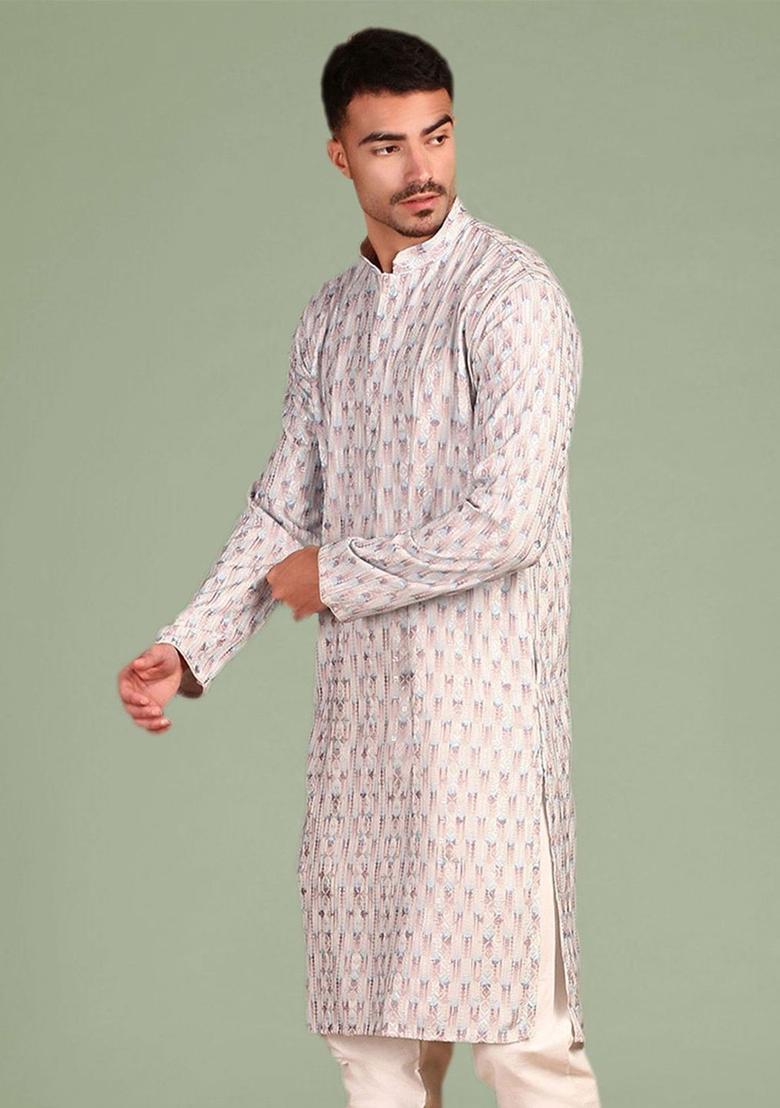 Beige Embroidered Cotton Kurta For Men - Indya