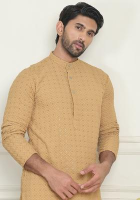 Brown Embroidered Viscose Kurta For Men