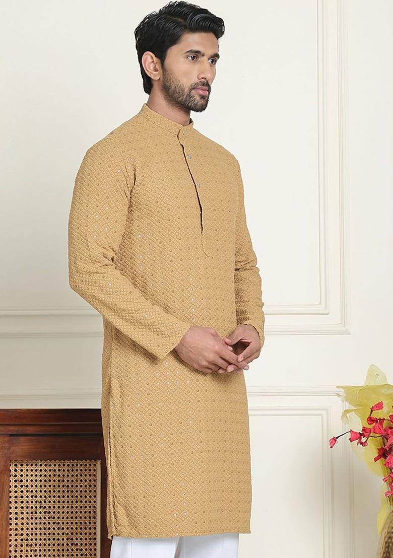 Brown Embroidered Viscose Kurta For Men - Indya