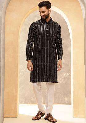 Black Striped Cotton Kurta For Men
