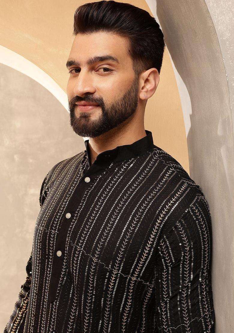 Black Striped Cotton Kurta For Men - Indya
