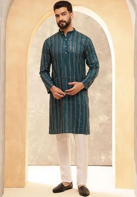 Blue Striped Cotton Kurta For Men