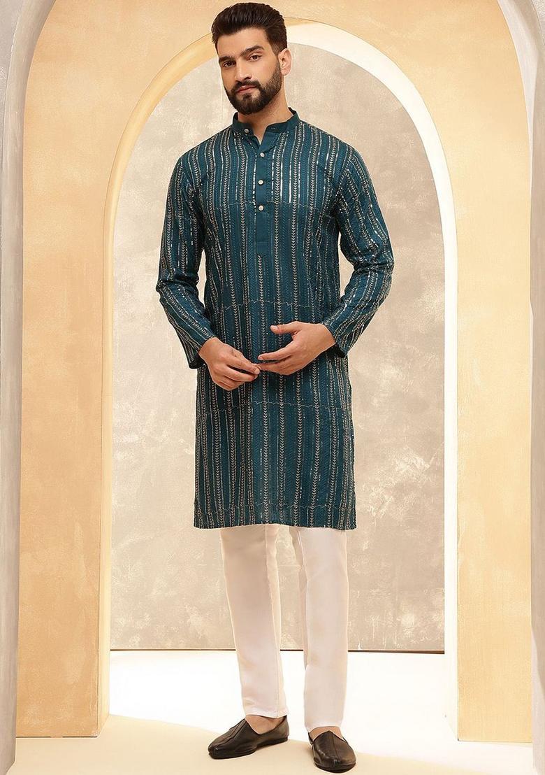 Blue Striped Cotton Kurta For Men - Indya