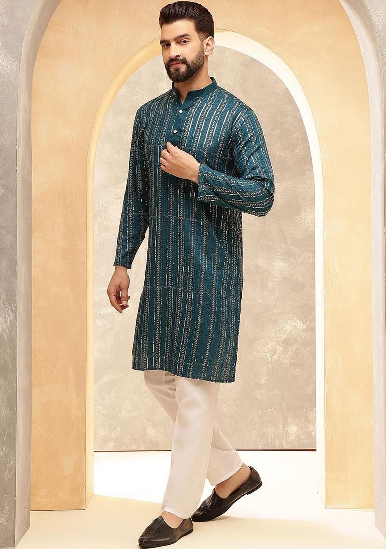 Blue Striped Cotton Kurta For Men - Indya