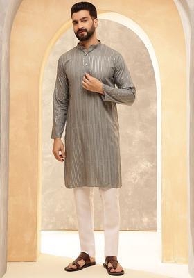 Grey Embroidered Cotton Kurta For Men