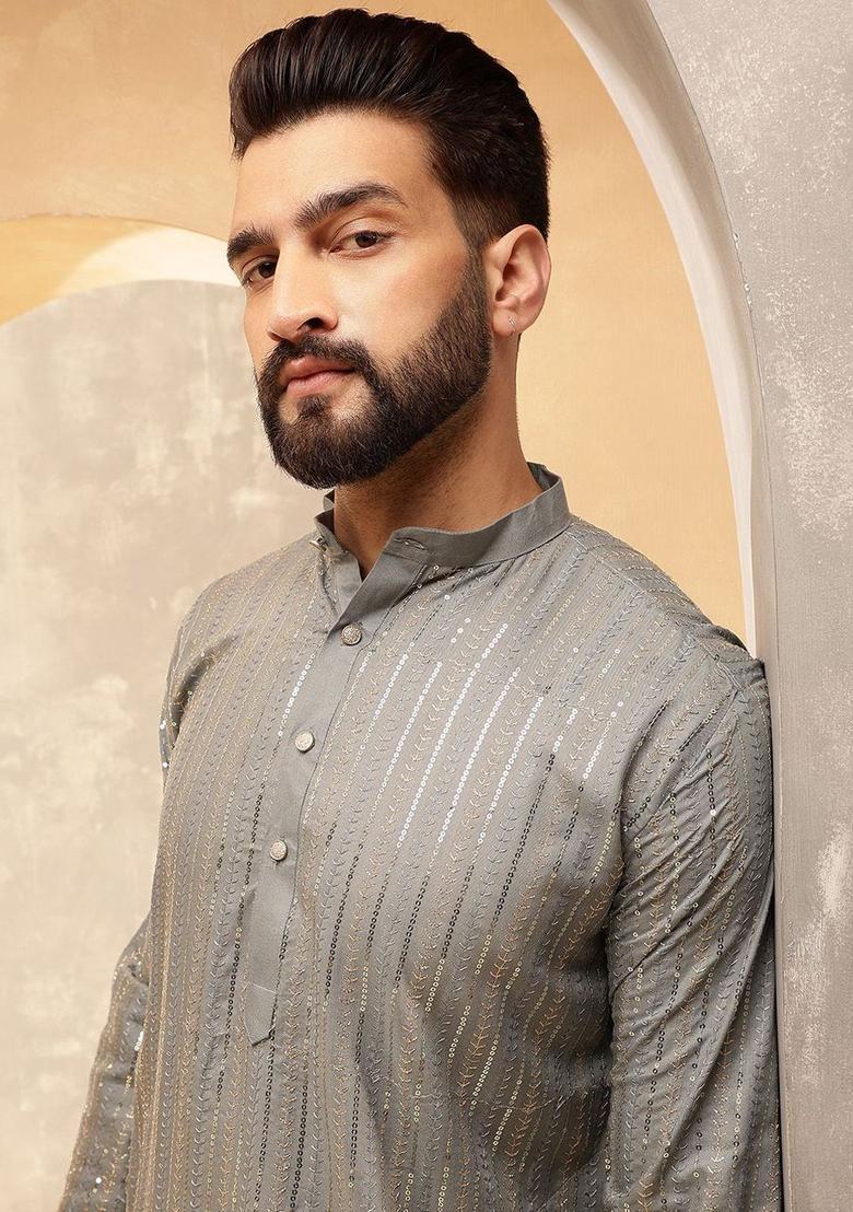 Grey Embroidered Cotton Kurta For Men - Indya