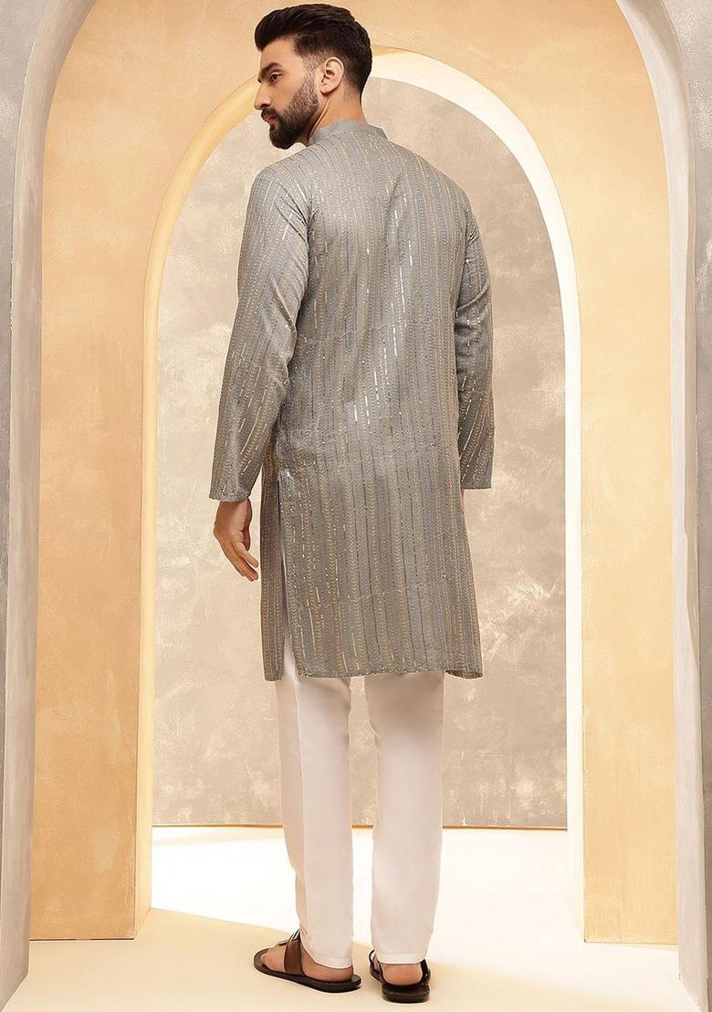 Grey Embroidered Cotton Kurta For Men - Indya