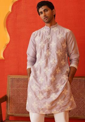Purple Embroidered Silk Kurta For Men