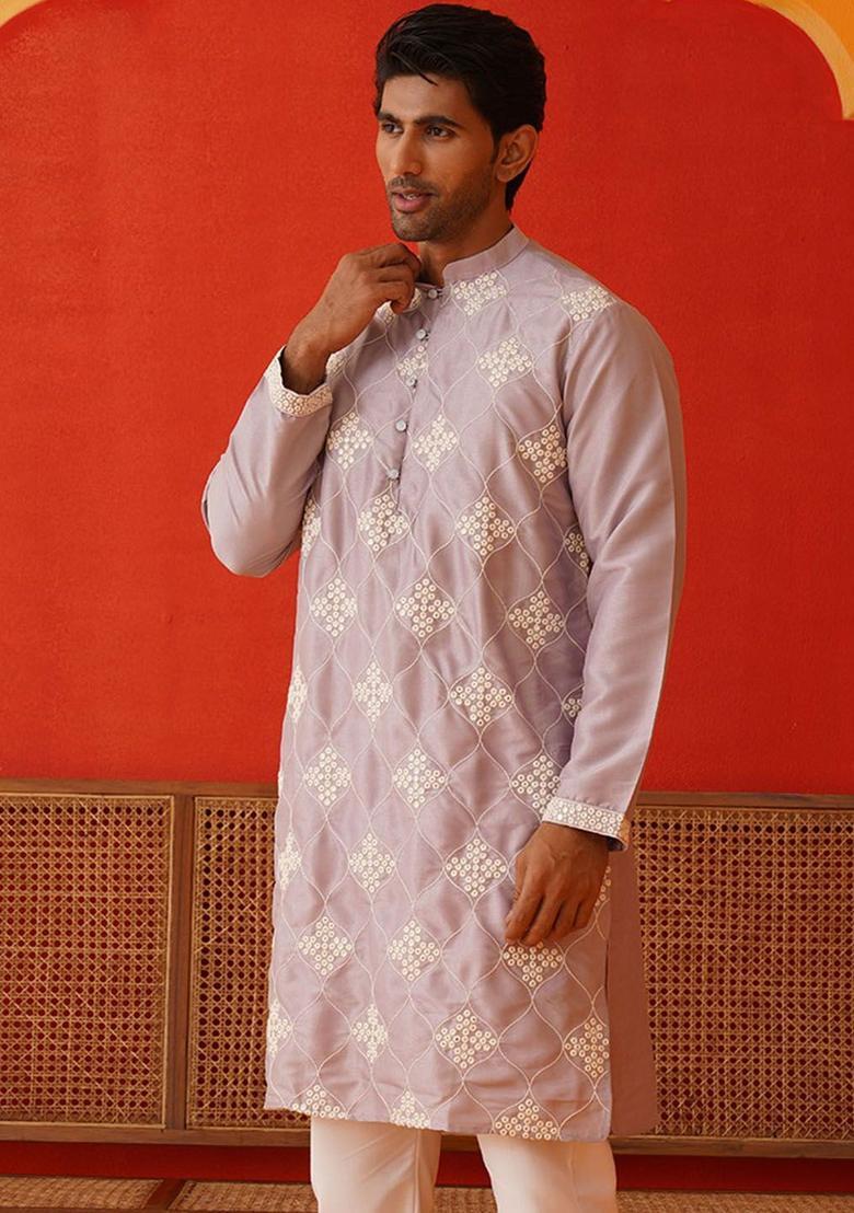 Purple Embroidered Silk Kurta For Men - Indya