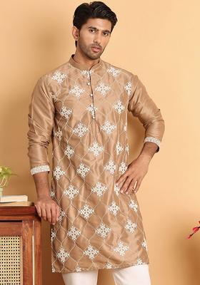 Brown Embroidered Silk Kurta For Men