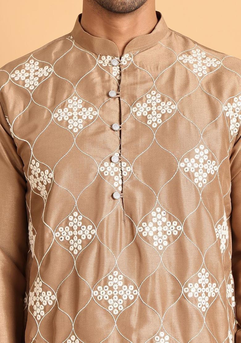 Brown Embroidered Silk Kurta For Men - Indya