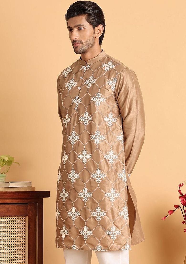 Brown Embroidered Silk Kurta For Men - Indya