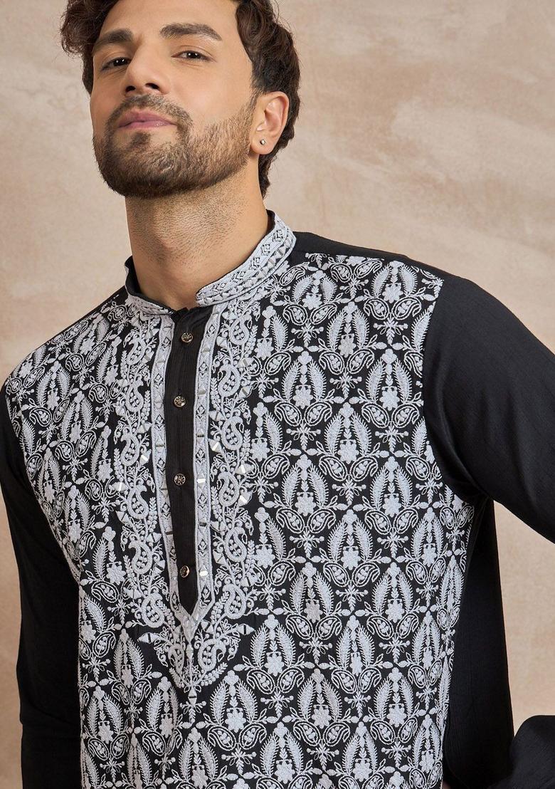 Black Embroidered Viscose Kurta For Men - Indya