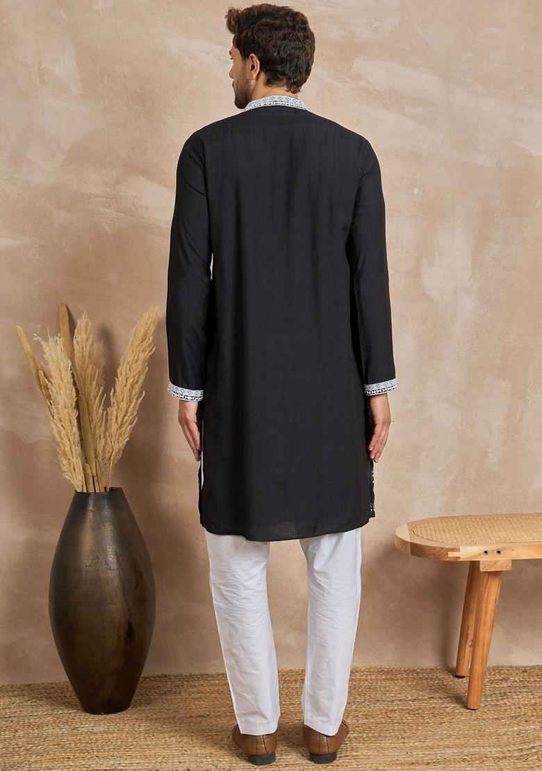 Black Embroidered Viscose Kurta For Men - Indya