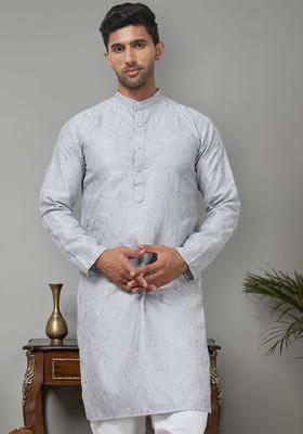 Grey Embroidered Cotton Kurta For Men