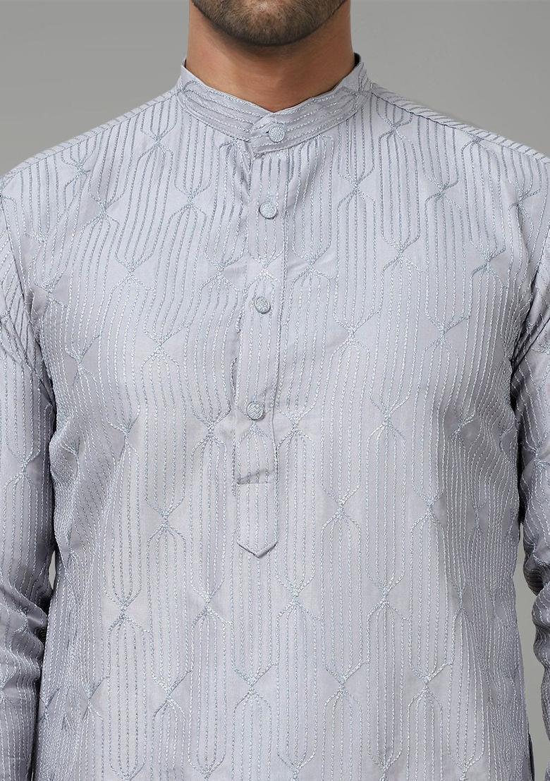 Grey Embroidered Cotton Kurta For Men - Indya