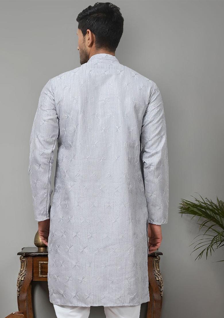 Grey Embroidered Cotton Kurta For Men - Indya