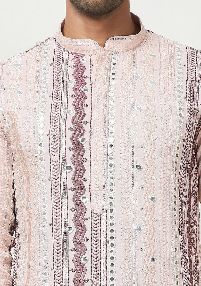Pink Embroidered Cotton Kurta For Men - Indya