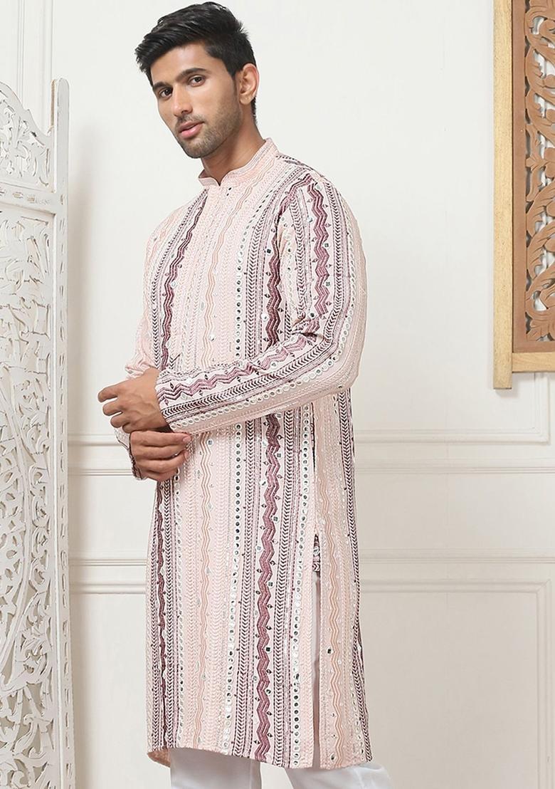 Pink Embroidered Cotton Kurta For Men - Indya