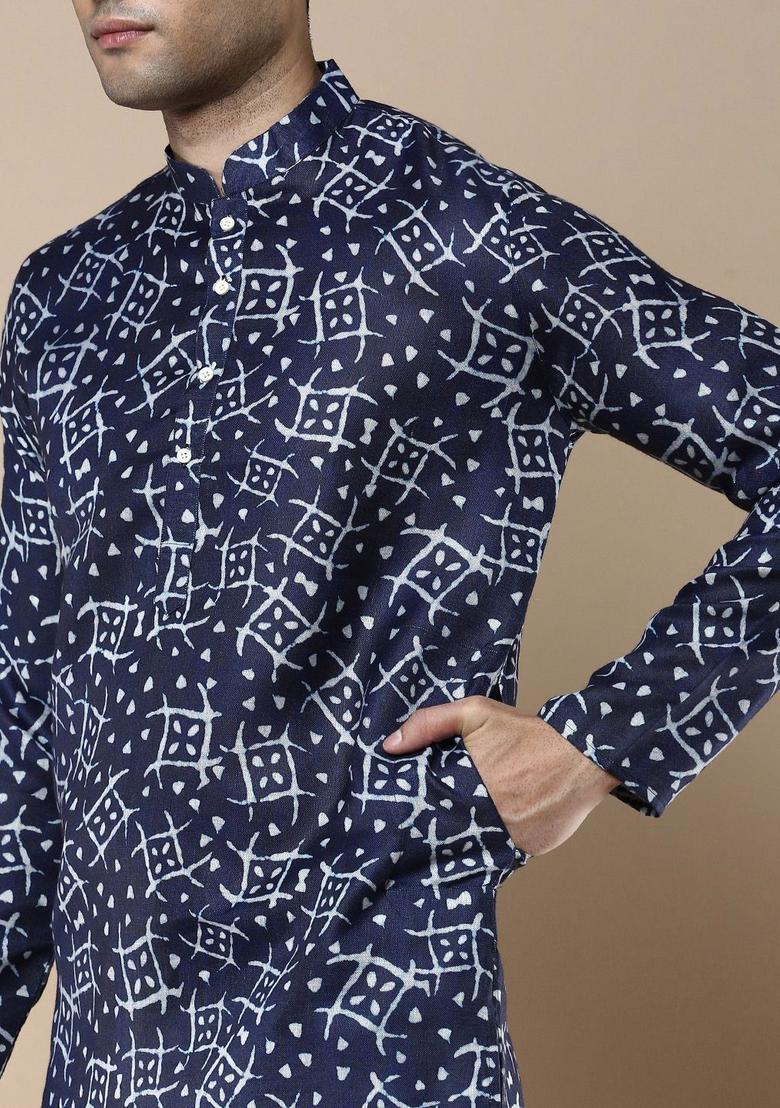 Blue Printed Cotton Kurta For Men - Indya