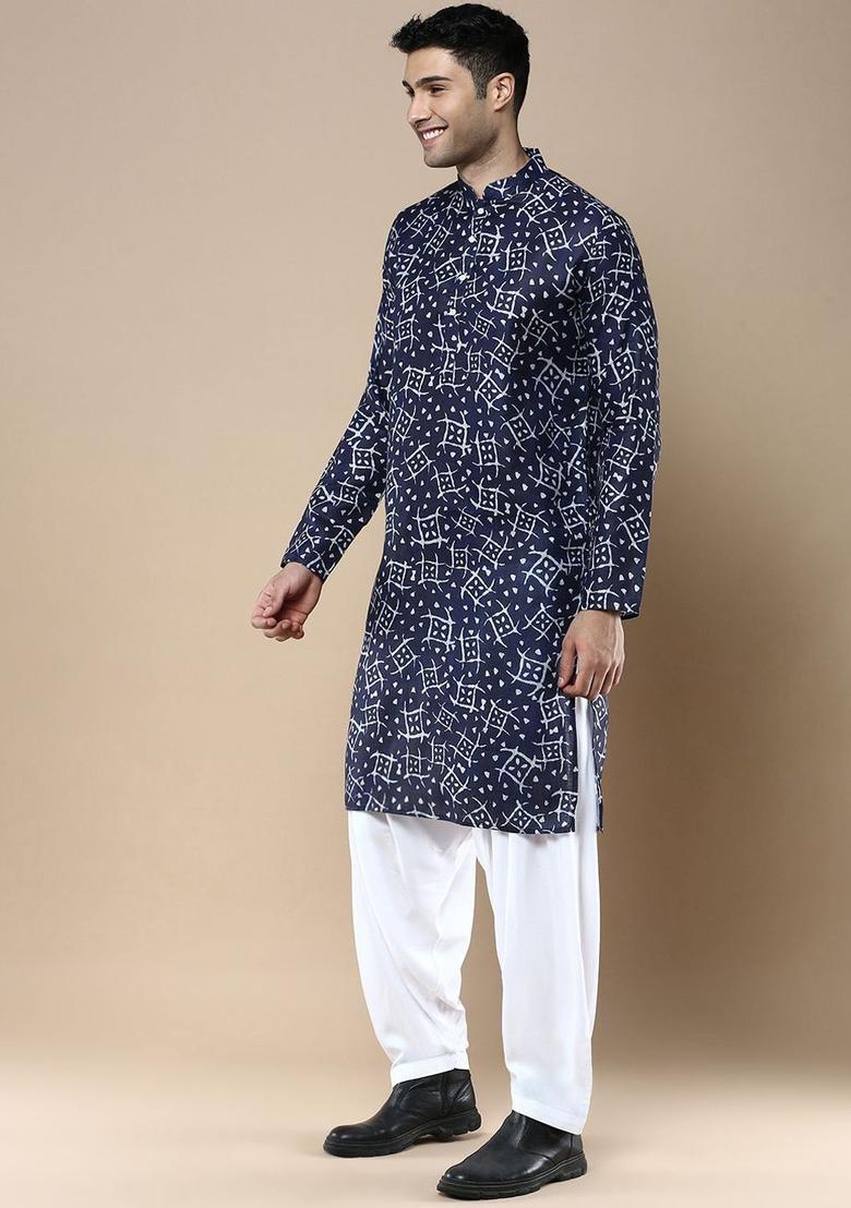 Blue Printed Cotton Kurta For Men - Indya