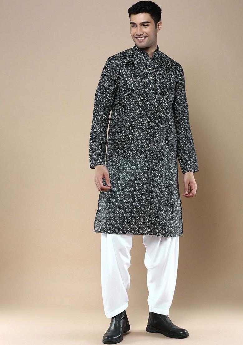 Green Printed Cotton Kurta For Men - Indya