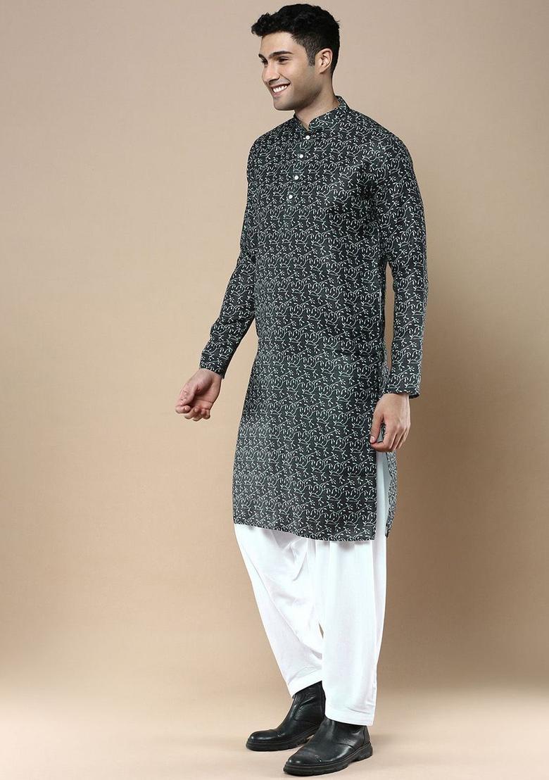 Green Printed Cotton Kurta For Men - Indya