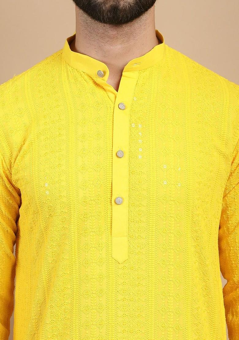 Yellow Embroidered Cotton Kurta For Men - Indya