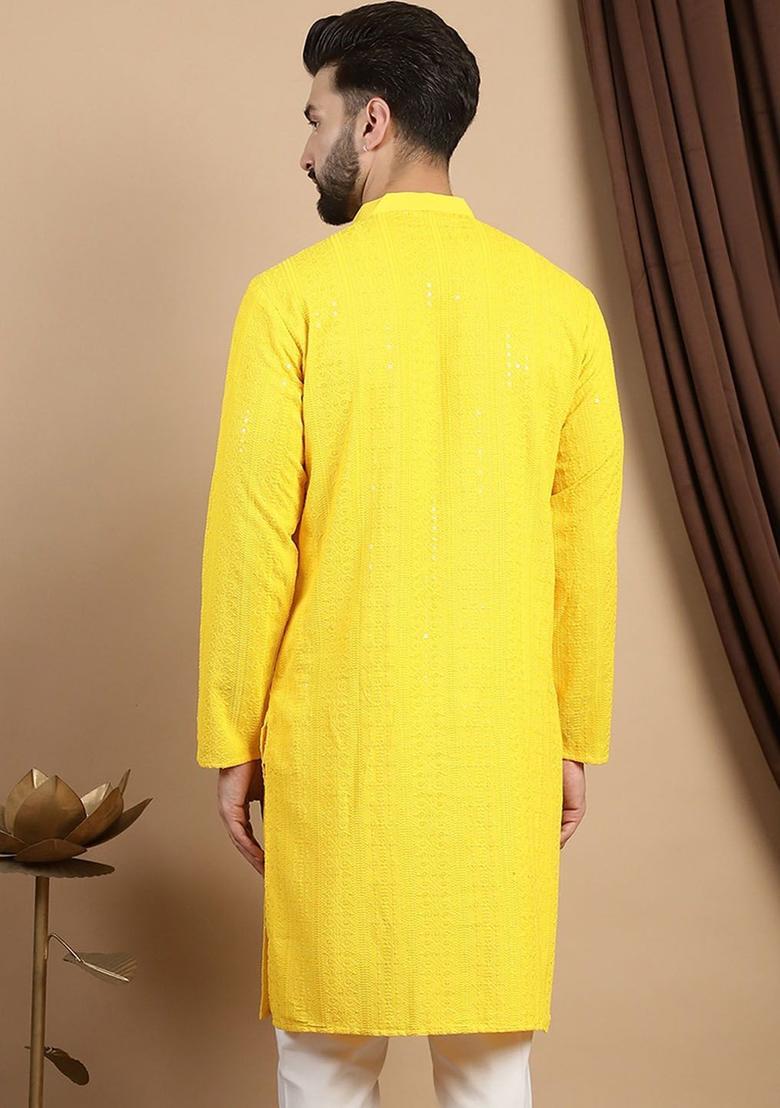 Yellow Embroidered Cotton Kurta For Men - Indya