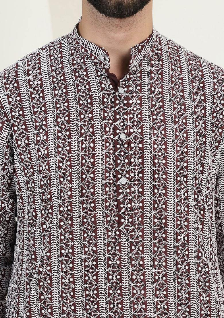 Maroon Embroidered Cotton Kurta For Men - Indya