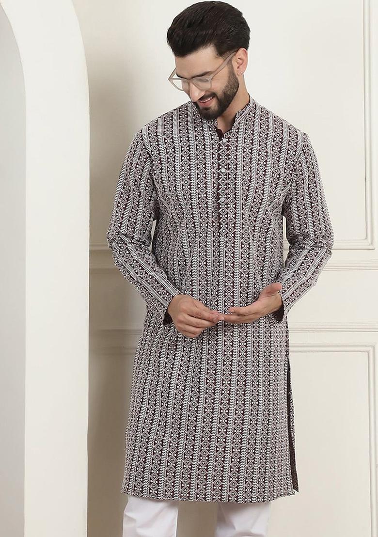 Maroon Embroidered Cotton Kurta For Men - Indya