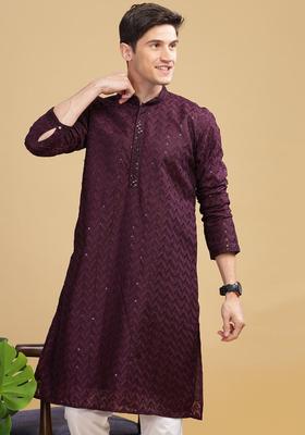 Purple Woven Design Cotton Kurta For Men