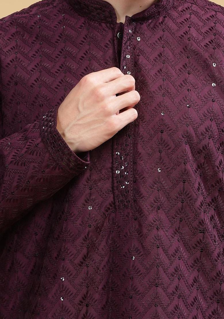 Purple Woven Design Cotton Kurta For Men - Indya
