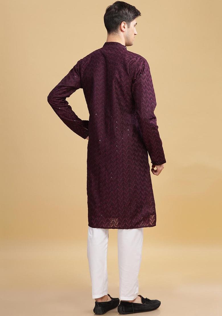 Purple Woven Design Cotton Kurta For Men - Indya
