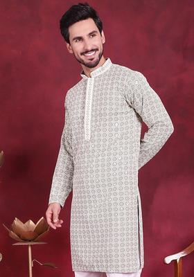 Olive Embroidered Viscose Kurta For Men