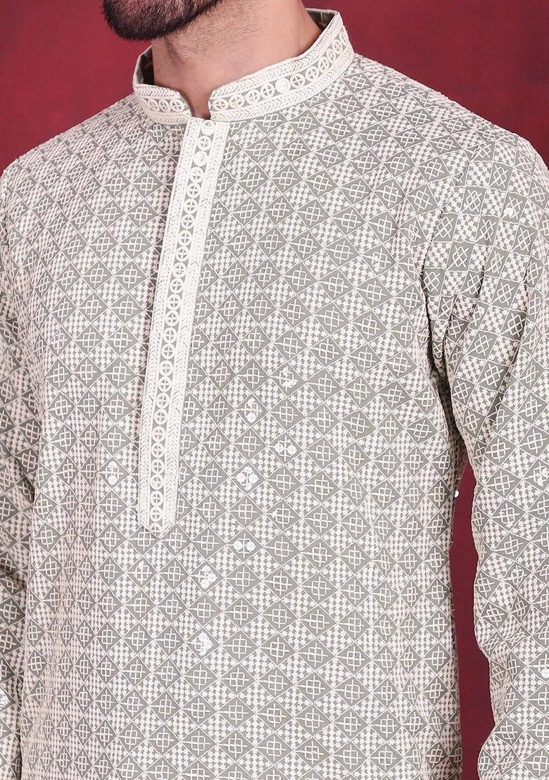 Olive Embroidered Viscose Kurta For Men - Indya