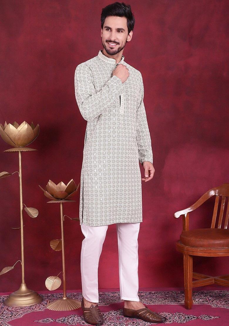 Olive Embroidered Viscose Kurta For Men - Indya