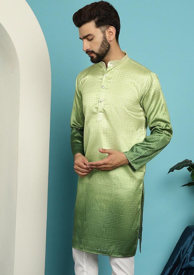 Green Dyed Silk Kurta For Men - Indya