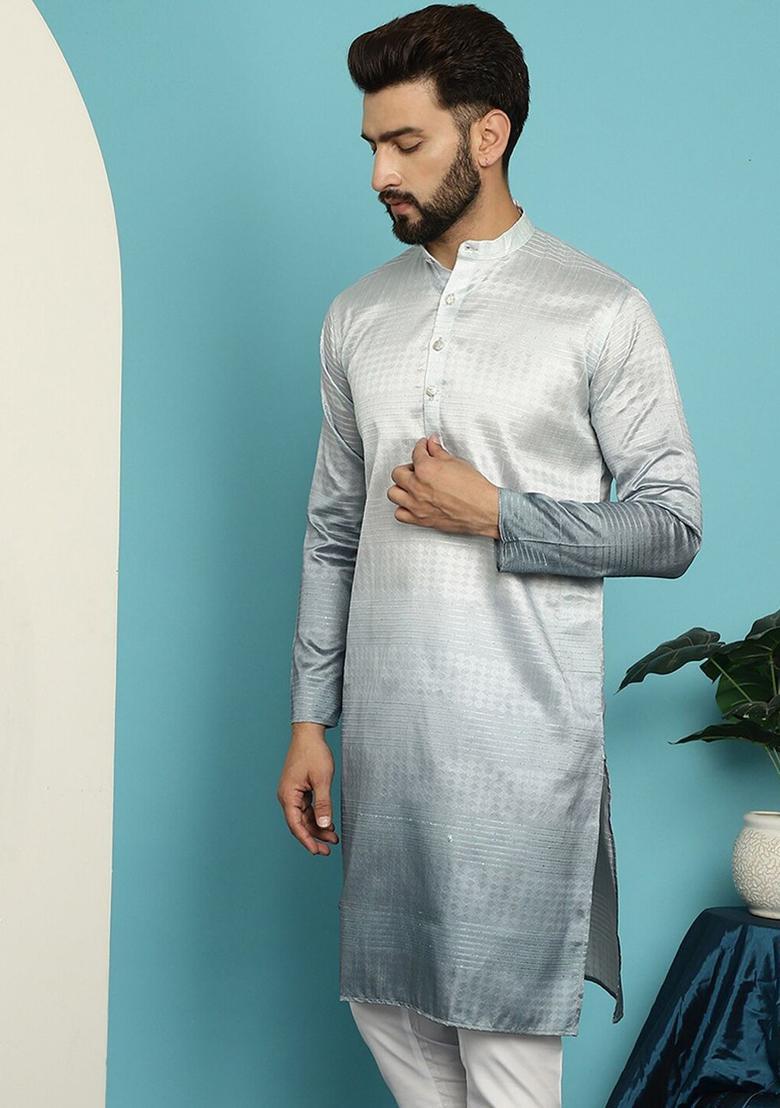 Grey Dyed Silk Kurta For Men - Indya