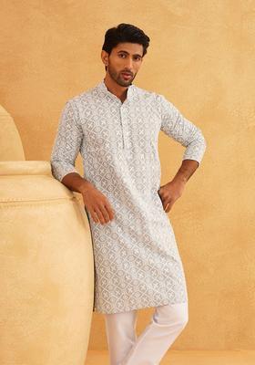 Grey Embroidered Cotton Kurta For Men