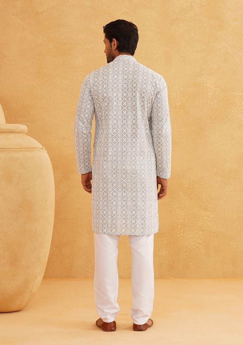 Grey Embroidered Cotton Kurta For Men - Indya
