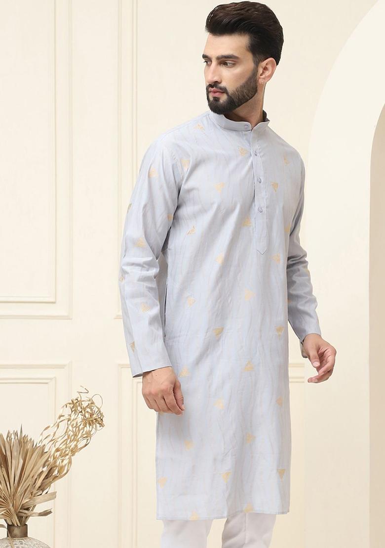 Grey Woven Design Silk Kurta For Men - Indya