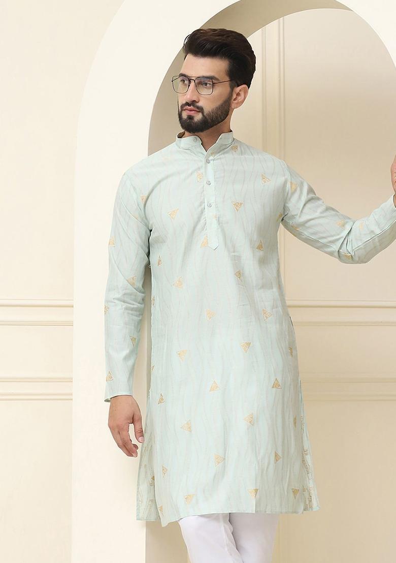 Green Woven Design Cotton Kurta For Men - Indya