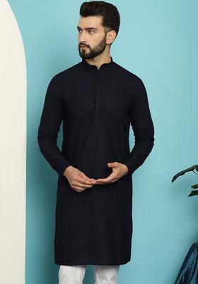 Blue Checked Cotton Kurta For Men