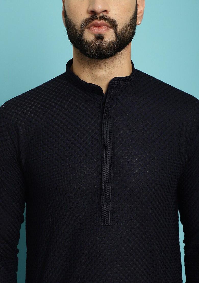 Blue Checked Cotton Kurta For Men - Indya