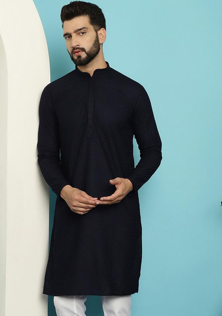 Blue Checked Cotton Kurta For Men - Indya