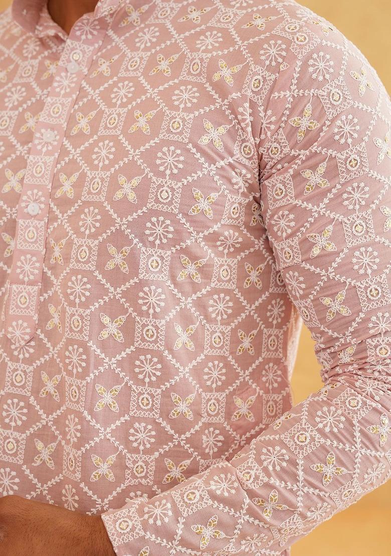Pink Embroidered Cotton Kurta For Men - Indya