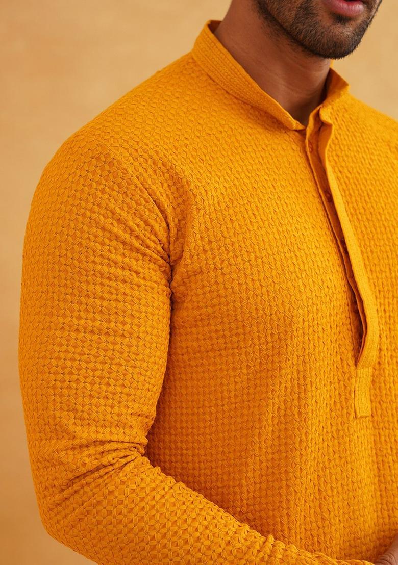 Yellow Embroidered Cotton Kurta For Men - Indya