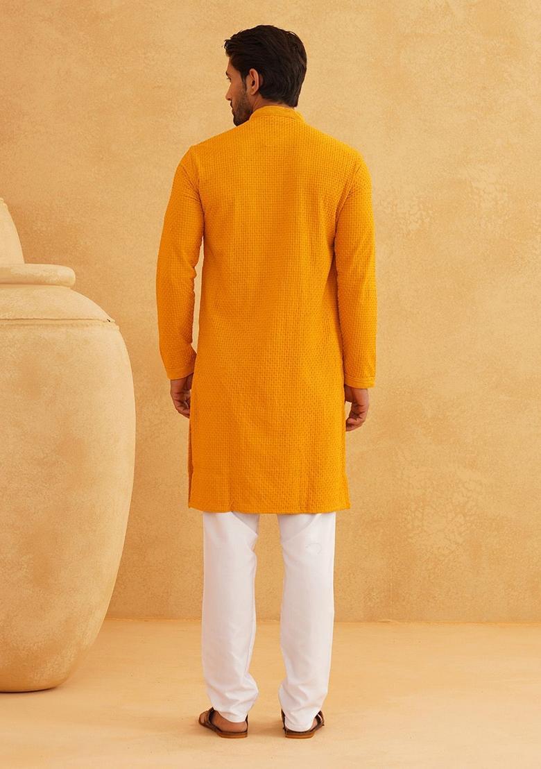 Yellow Embroidered Cotton Kurta For Men - Indya