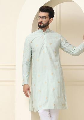 Green Woven Design Cotton Kurta For Men